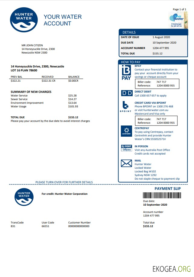 Australia Hunter Water utility bill